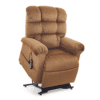 The Golden Technologies®️ Cloud PR 510 is a brown upholstered recliner featuring a padded backrest and armrests, with a slight forward tilt suggesting a lift mechanism. A remote control is attached to the side.