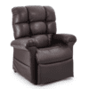 The Golden Technologies®️ Cloud PR 510 is a plush, brown leather recliner chair featuring padded armrests and a high backrest, set against a white background.
