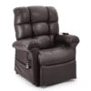 The Golden Technologies®️ Cloud PR 510 is a plush, dark brown recliner chair with an attached remote control on its armrest, featuring a padded backrest and armrests for ultimate comfort.