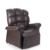 The Golden Technologies®️ Cloud PR 510 is a plush, dark brown leather recliner chair featuring a padded backrest and armrests, with a remote control resting on one of the armrests.