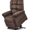 The Golden Technologies®️ Cloud PR 510 is a plush brown lift chair recliner with cushioned armrests and backrest, slightly elevated on a metal base for easy access, featuring a padded tufted design for increased comfort.