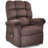 The Golden Technologies®️ Cloud PR 510 is a plush brown recliner with a tufted backrest, armrests, and an attached remote for adjustments. Upholstered in soft fabric, it features a rising footrest for relaxation.