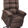 The Golden Technologies®️ Cloud PR 510 is a plush brown recliner featuring padded armrests and a tufted backrest. It includes a black remote for adjusting the lifted position.