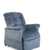 The Golden Technologies®️ Cloud PR 510 is a plush blue recliner chair featuring padded armrests, a cushioned backrest, and a soft velvety texture, all resting on a flat white surface.