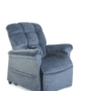 The Golden Technologies®️ Cloud PR 510 is a plush, blue reclining armchair with velvety fabric and soft cushions. It features a built-in console on the right armrest and stands against a white background, offering a cozy and inviting appearance.