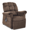 The Golden Technologies®️ Cloud PR 510 is a plush, brown recliner chair with soft, tufted cushions and rolled arms. It features a remote control for reclining functions and offers comfort and support.