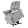The Golden Technologies®️ Cloud PR 510 is a gray, plush recliner with padded armrests and tufted backrest, elevated on a lift mechanism for a power lift function.