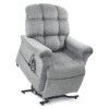 The Golden Technologies®️ Cloud PR 510 is a gray recliner chair featuring a tufted backrest, armrests, and lift mechanism. It includes an attached remote control for adjustable features, offering a sturdy base and soft fabric upholstery.