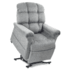 The Golden Technologies®️ Cloud PR 510 is a light gray recliner chair featuring a padded high back, armrests, and a raised metal base. It appears partially reclined, indicating a possible lift assist feature.