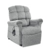 The Golden Technologies® Cloud PR 510 is a plush gray reclining armchair with a tufted backrest and padded armrests. It features power-adjustable controls accessed via an attached remote, all set against a plain white background.
