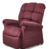 The Golden Technologies®️ Cloud PR 510 is a plush maroon recliner with a high backrest, padded armrests, and a soft fabric. It fully extends to ensure maximum comfort.