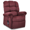 The Golden Technologies®️ Cloud PR 510 is a plush, maroon lift recliner chair with tufted backrest and armrests, featuring a left-side remote control to adjust positions for optimal comfort and support.