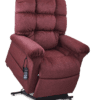 The Golden Technologies®️ Cloud PR 510 is a plush maroon recliner with an attached remote, tufted backrest, cushioned armrests, and a slightly elevated black metal base.