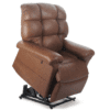 The Golden Technologies®️ Cloud with Twilight PR 515 is a brown leather recliner chair in an upright position, showcasing a lift mechanism below. It features plush, padded cushions and wide armrests for optimal comfort and support.