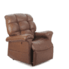 The Golden Technologies®️ Cloud with Twilight PR 515 is a brown leather recliner with cushioned backrest and armrests, featuring an extended footrest when reclined, set against a white background.
