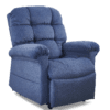 The Golden Technologies®️ Cloud with Twilight PR 515 is a plush blue recliner featuring a padded backrest, armrests, and soft cushion seat, upholstered in textured fabric against a plain background.