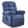 The Golden Technologies®️ Cloud with Twilight PR 515 is a blue recliner chair featuring plush cushions, armrests, and an attached remote control for adjustable positions. It boasts a soft, textured fabric for enhanced comfort.