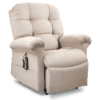 The Golden Technologies®️ Cloud with Twilight PR 515 is a beige upholstered recliner featuring cushioned armrests and an attached remote control, slightly reclined to highlight its plush, comfortable design against a plain black background.