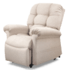 The Golden Technologies®️ Cloud with Twilight PR 515 is a beige reclining chair featuring plush cushioning and padded armrests. Its extended footrest showcases the reclining feature, while the chairs soft, inviting texture stands out against a plain background.