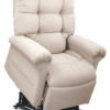 The Golden Technologies®️ Cloud with Twilight PR 515 is a beige recliner chair featuring soft, cushioned upholstery. It showcases its lift mechanism in a slightly elevated position and has tufted back cushions with padded armrests for comfortable seating.