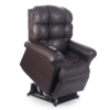 The Golden Technologies®️ Cloud with Twilight PR 515 is a brown leather recliner in a slightly raised position, featuring a plush cushioned back and armrests, with a control remote visible on the seat.