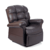 The Golden Technologies®️ Cloud with Twilight PR 515 is a plush, brown leather recliner chair with cushioned armrests and a high backrest. It sits on a white background and is angled to highlight its padded design for ultimate comfort.