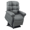 The Golden Technologies®️ Cloud with Twilight PR 515 is a gray plush lift chair recliner featuring a tufted backrest and padded armrests, partially elevated to highlight its motorized lift capability.