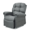 The Golden Technologies®️ Cloud with Twilight PR 515, a grey plush recliner chair featuring cushioned armrests and a tufted design, is set in an upright position with a visible footrest on a white background.
