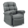 The Golden Technologies®️ Cloud with Twilight PR 515 is a plush gray recliner featuring thick cushioned armrests and a tufted backrest, set against a plain white background.