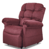 The Golden Technologies®️ Cloud with Twilight PR 515 is a plush, burgundy recliner featuring cushioned armrests, a padded backrest for ultimate comfort, soft fabric, and an adjustable, partially extended footrest.