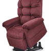 The Golden Technologies®️ Cloud with Twilight PR 515 is a maroon lift chair designed for comfort, featuring padded armrests and a high backrest. Its elevated design highlights the lift mechanism, aiding in standing up with ease.