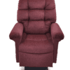The Golden Technologies®️ Cloud with Twilight PR 515 is a plush, maroon recliner chair featuring a high backrest, padded armrests, and a soft, velvety fabric. It is displayed against a plain white background.