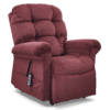 The Golden Technologies®️ Cloud with Twilight PR 515 is a plush maroon recliner featuring thick padding, a side remote control, and cushioned headrest, armrests, and footrest for optimal comfort and relaxation.