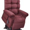 The Golden Technologies®️ Cloud with Twilight PR 515 is a plush, burgundy lift chair with tufted upholstery and armrests. It includes an attached remote control for adjustable recline and lifting features to enhance ease of use.