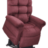 The Golden Technologies®️ Cloud with Twilight PR 515 is a maroon plush reclining chair featuring a padded backrest and armrests, elevated on a black base. The soft fabric ensures comfort, perfect for lounging or support.