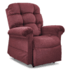 The Golden Technologies®️ Cloud with Twilight PR 515 is a plush, burgundy recliner featuring padded, tufted cushions and wide armrests. Its comfortable fabric upholstery and slightly tilted headrest add to its appeal.