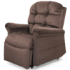 The Golden Technologies®️ Cloud with Twilight PR 515 is a plush brown recliner featuring a cushioned backrest and armrests, a slightly tilted seat, and a partially extended footrest. It boasts a soft, inviting texture against a plain background.