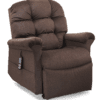 The Golden Technologies®️ Cloud with Twilight PR 515 is a plush brown recliner chair featuring soft, padded cushions and armrests. It includes an attached side remote control for position adjustments, designed for ultimate comfort and relaxation.
