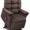 The Golden Technologies®️ Cloud with Twilight PR 515 is a plush, brown reclining armchair featuring a cushioned back and armrests, a remote control attached to the side, and sits on a raised platform.