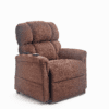 A brown fabric Golden Technologies®️ Comforter PR 531 is a recliner chair with thick padding and a remote control on one armrest, set against a plain white background. Perfect for relaxation and comfort.