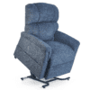 The Golden Technologies®️ Comforter PR 531 is a blue upholstered recliner chair with a lift function, supported by a metal mechanism for easy standing. It features cushioned armrests and a tall backrest for enhanced comfort.