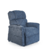 The Golden Technologies®️ Comforter PR 531 is a blue upholstered recliner with plush cushioning and a remote control on the right armrest. The chair sits slightly angled in a well-lit, plain setting.