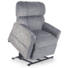The Golden Technologies®️ Comforter PR 531 is a gray upholstered lift recliner chair, slightly elevated to display its lifting mechanism. It features cushioned armrests and a tall, padded backrest for comfort and ease of use.