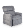 The Golden Technologies®️ Comforter PR 531 is a gray recliner chair featuring a plush backrest and armrests with a convenient side remote control. Set against a white background, it highlights its comfortable design and fabric texture.