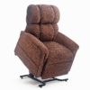 The Golden Technologies® Comforter PR 531 is a brown upholstered recliner chair featuring a high padded backrest and armrests, set on a metal lift base. It tilts forward slightly, showcasing its lift function.