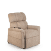 The Golden Technologies®️ Comforter PR 531 is a beige fabric recliner chair with cushioned backrest and armrests, featuring a right-side remote control. Set against a white background, it showcases its simple and comfortable design.