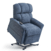 The Golden Technologies®️ Comforter PR 531 is a blue power lift recliner chair featuring thick, cushioned armrests and backrest. It is displayed in a partially lifted position with a remote control on the armrest.