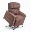The Golden Technologies®️ Comforter PR 531 is a brown upholstered power lift recliner chair with a high backrest, partially reclined and supported by a metal base with four legs. Its plush fabric and ergonomic design ensure comfort and ease of use.