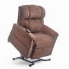 The Golden Technologies®️ Comforter PR 531 is a brown reclining lift chair with plush cushioning and an attached remote control, shown partially elevated on a white background.