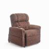 The Golden Technologies®️ Comforter PR 531 is a brown recliner chair with plush cushioning and armrests. It includes a remote control on the left armrest and is set against a plain white background.
